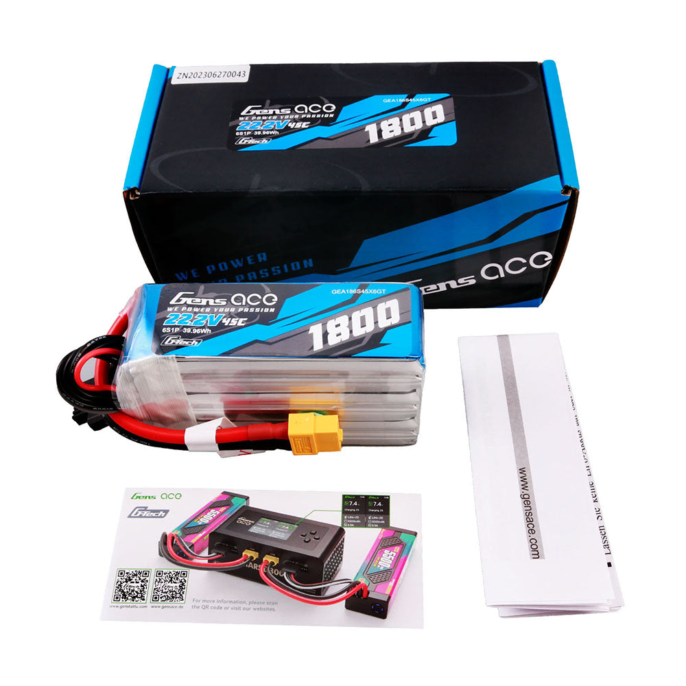 Gens Ace G-Tech 1800mAh 22.2V 45C 6S1P Lipo Battery XT60 - Billede 3